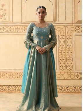 Fiore By Malar Lini - Elegant Teal Embroidered Anarkali Long Dress - Women